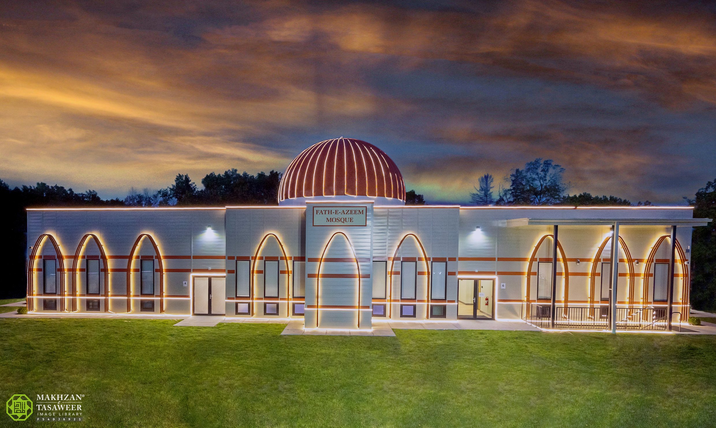 Evening shot of newly opened Fath-e-Azeem Mosque in Zion Illinois